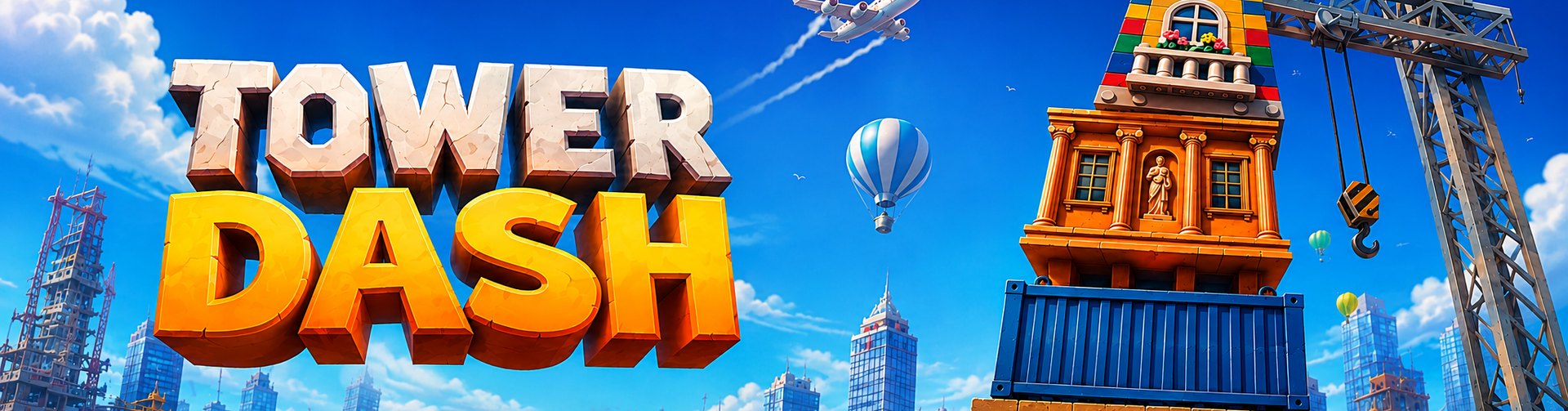 Baner gry Tower Dash od INOUT Games: wieża z ułożonych bloków i dźwig budowlany nad miastem